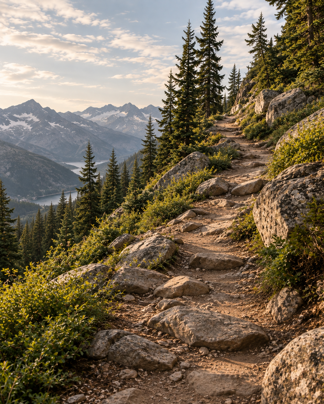 A rocky mountain trail climbing gradually along a forested slope, with evergreen trees and layered mountains in the distance.