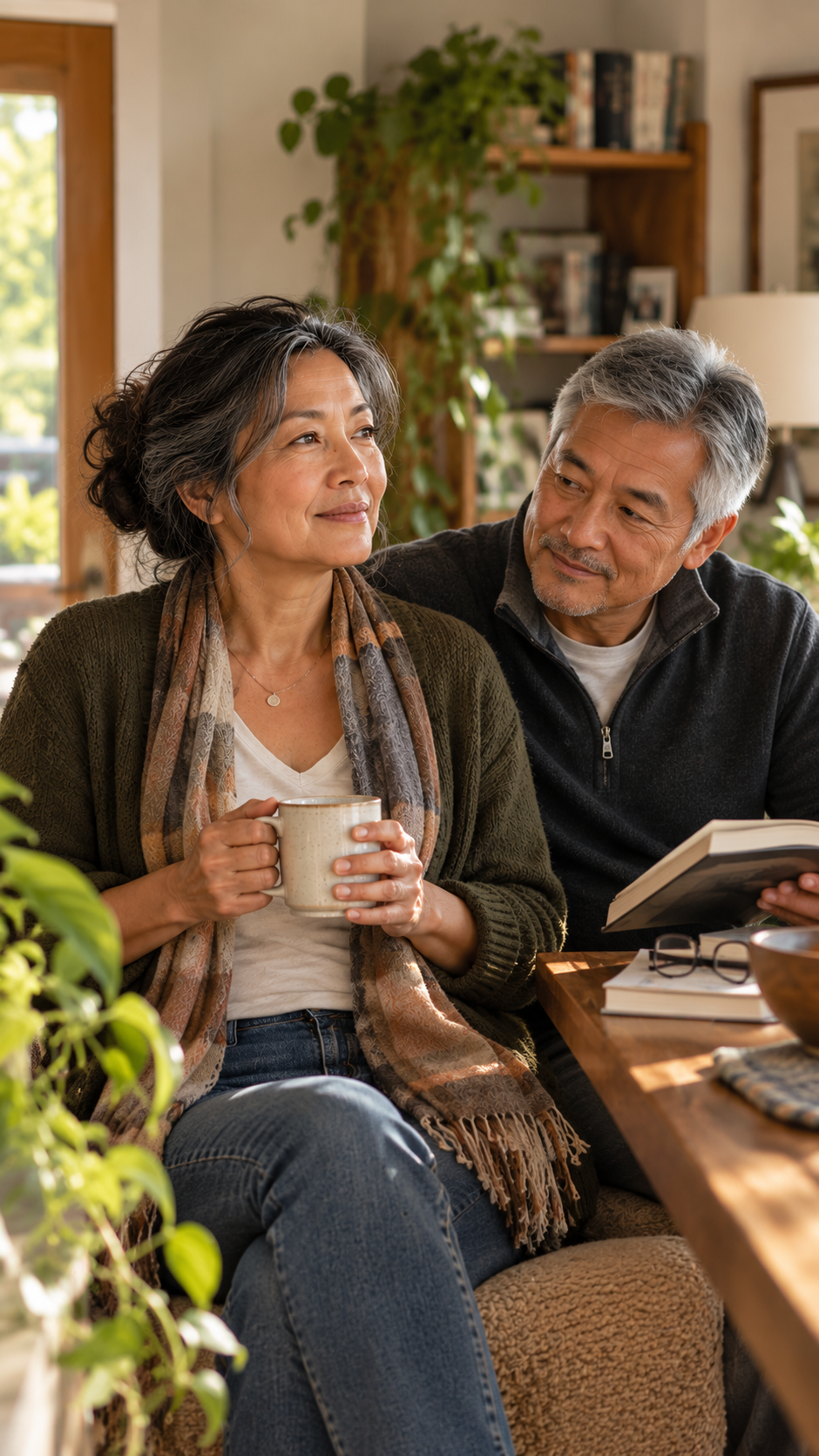 Woman holding a mug while sitting beside a supportive companion at home.