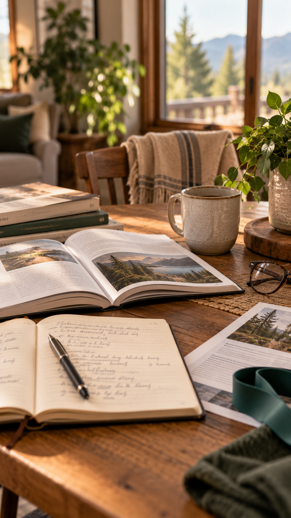 Open books and a notebook arranged on a table beside a mountain-view window.
