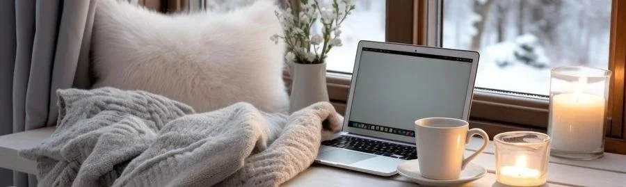 Cozy workspace with a blanket, laptop, coffee mug, and candle beside a window, creating a calm and reflective setting.
