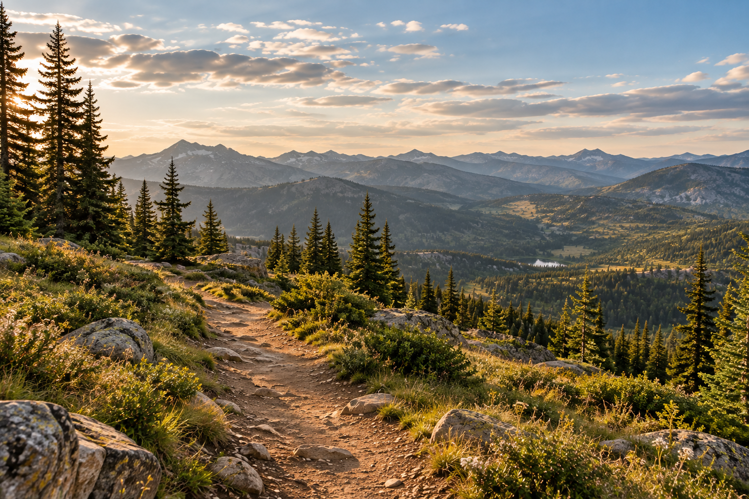 Mountain trail crosses an open alpine landscape with evergreen trees and a broad range of peaks in the distance.