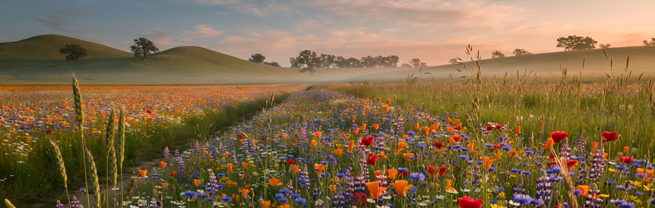 Wildflower field at sunrise with rolling hills and soft morning light introducing a newsletter section about change, growth, and adapting when old routines no longer work.