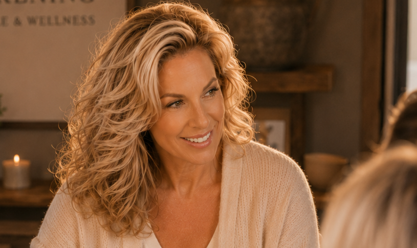 Female wellness coach smiling during a warm, supportive conversation indoors.