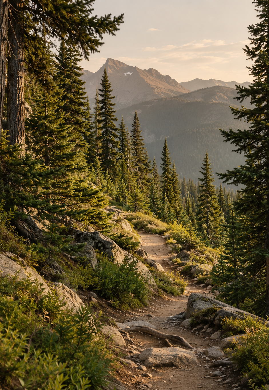 Mountain trail winding through an evergreen forest toward distant peaks.