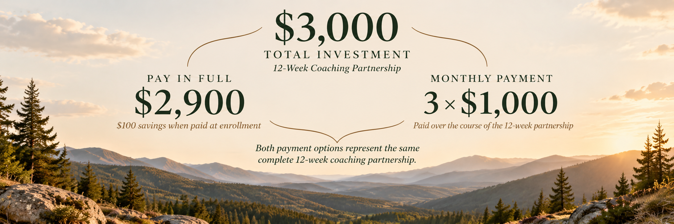 Mountain Awakening 12-week coaching investment: $3,000 total, with the option to pay $2,900 in full at enrollment, a $100 savings, or three monthly payments of $1,000. Both options cover the complete 12-week coaching partnership.