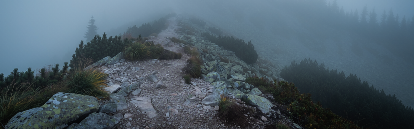 Foggy mountain trail winding along a rocky ridge introducing a newsletter section about overcoming all-or-nothing thinking and finding a more compassionate approach to consistency.
