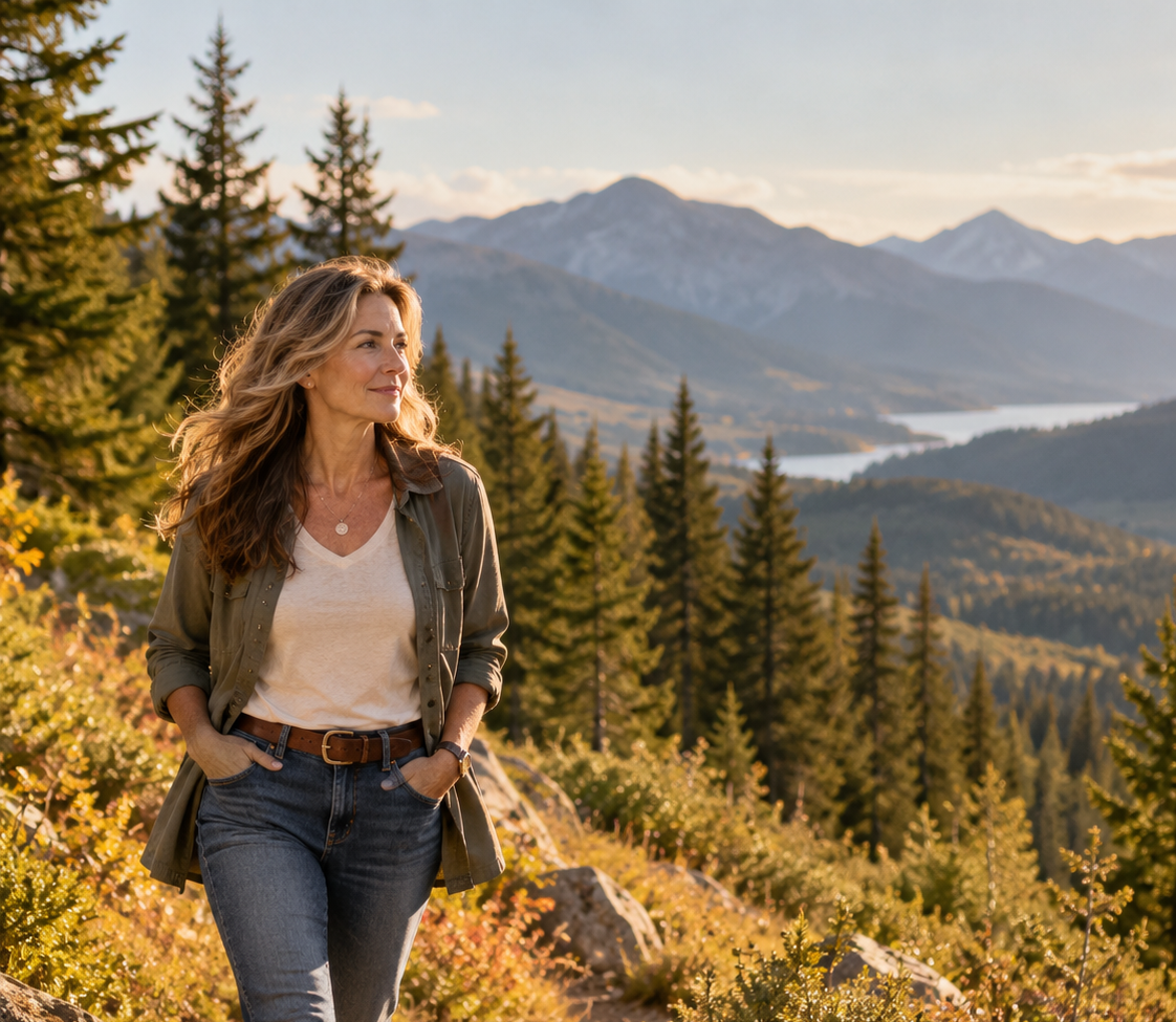Midlife woman walking along a mountain trail surrounded by evergreen trees and distant peaks.