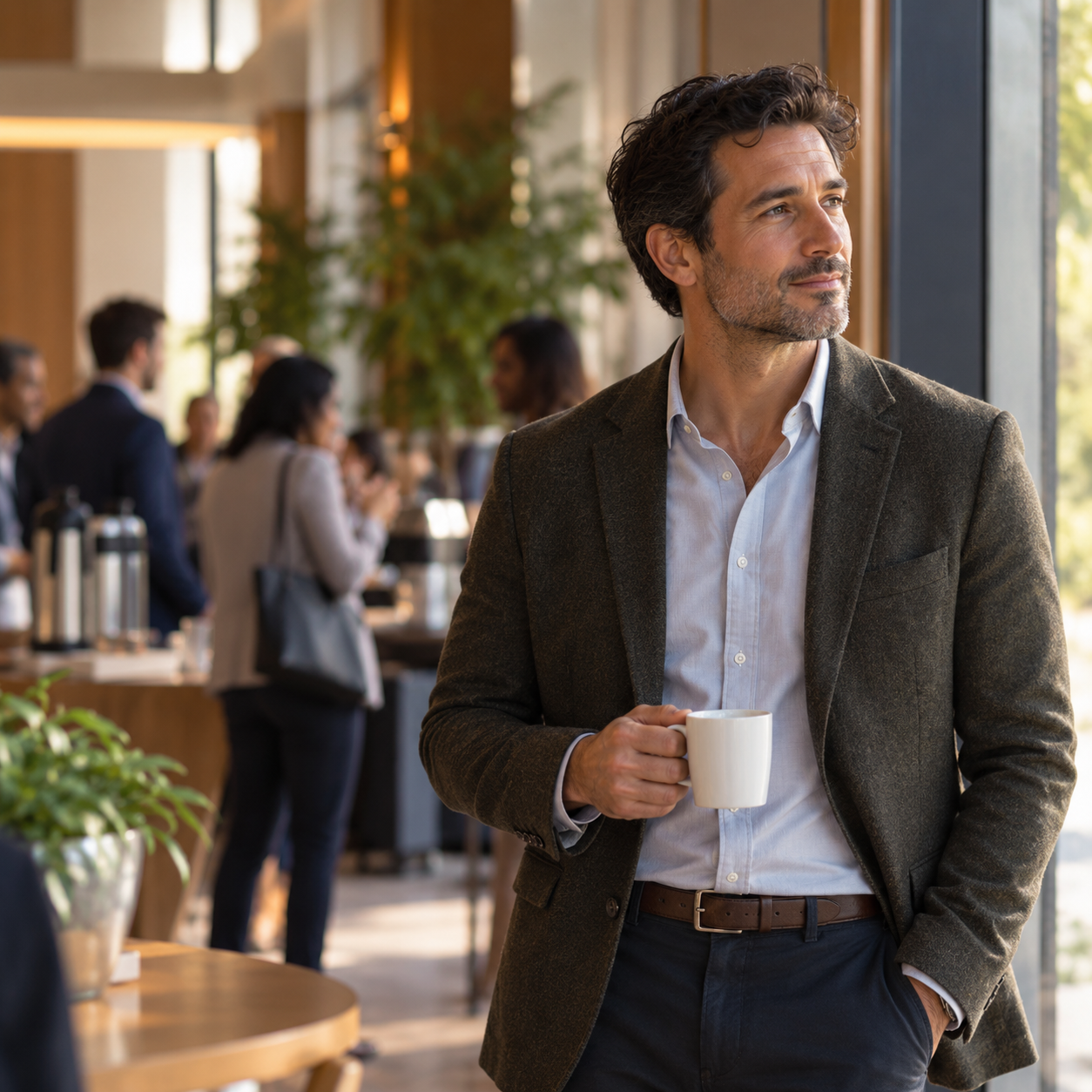 Man holding a coffee cup and looking thoughtfully across a room during a gathering.