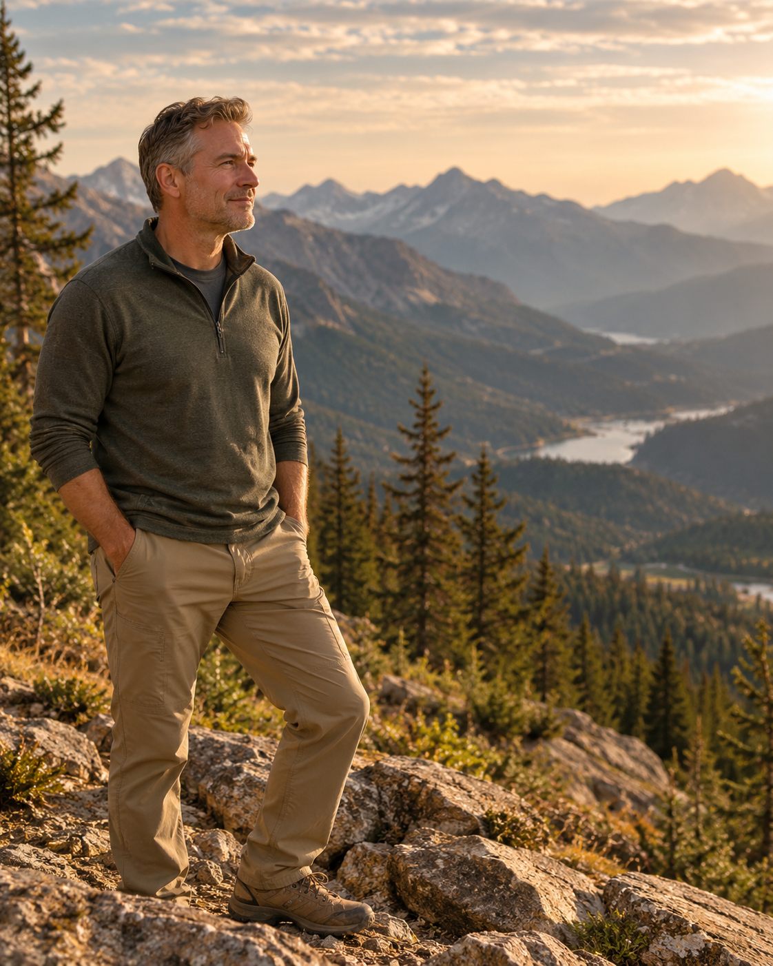 Midlife man standing on a mountain trail overlooking evergreen-covered mountains in warm afternoon light.