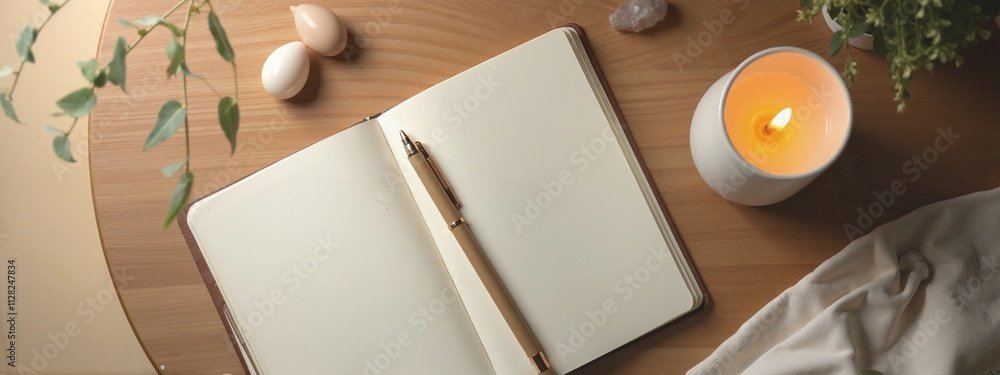 An open journal resting on a wooden table beside a warm candle, cozy textures, and natural light — creating a calm, inviting space for mindful daily reflection.