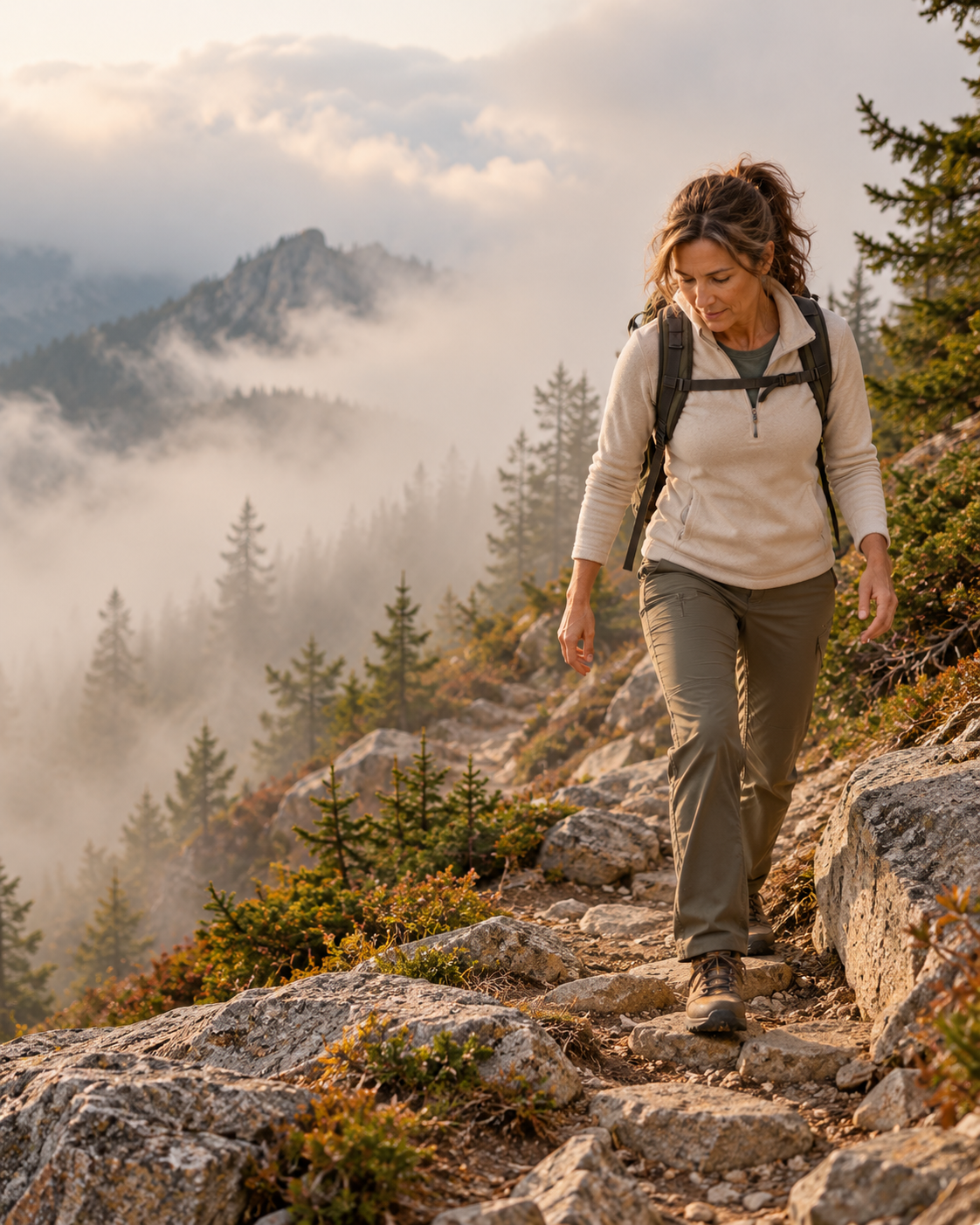 Midlife woman carefully navigating a rocky mountain trail as low clouds move through the surrounding evergreen mountains.