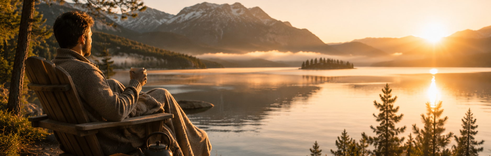 Midlife man seated beside a mountain lake, looking across the water toward sunlit mountains.