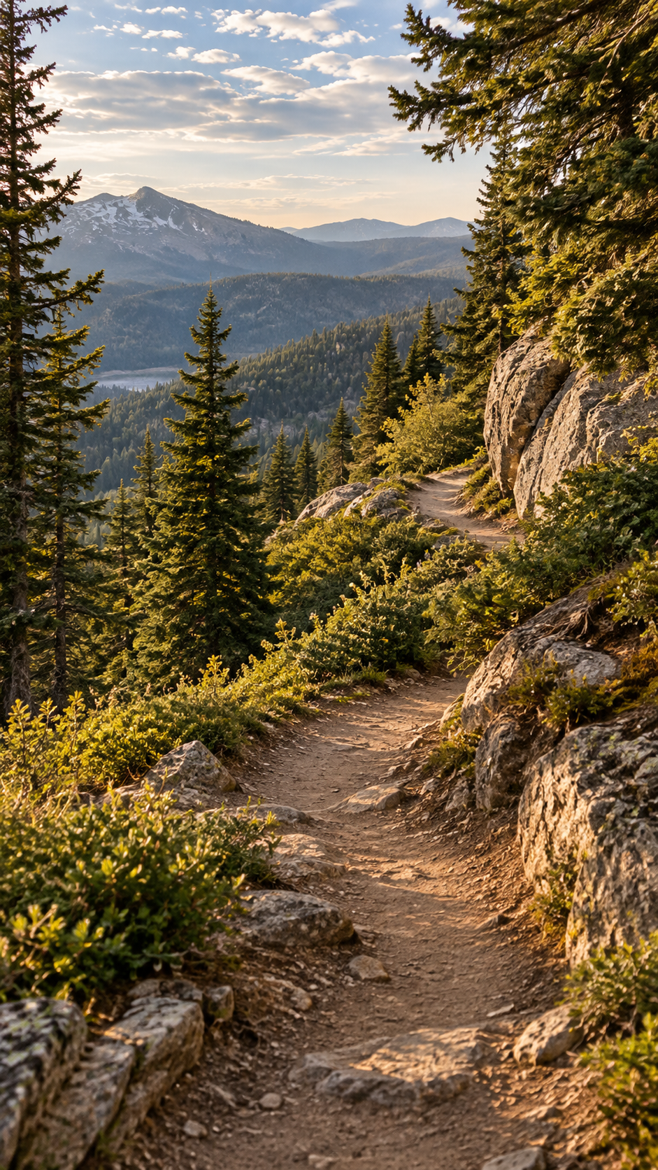 A winding mountain trail curves around a rocky slope, partially disappearing from view among evergreen trees.