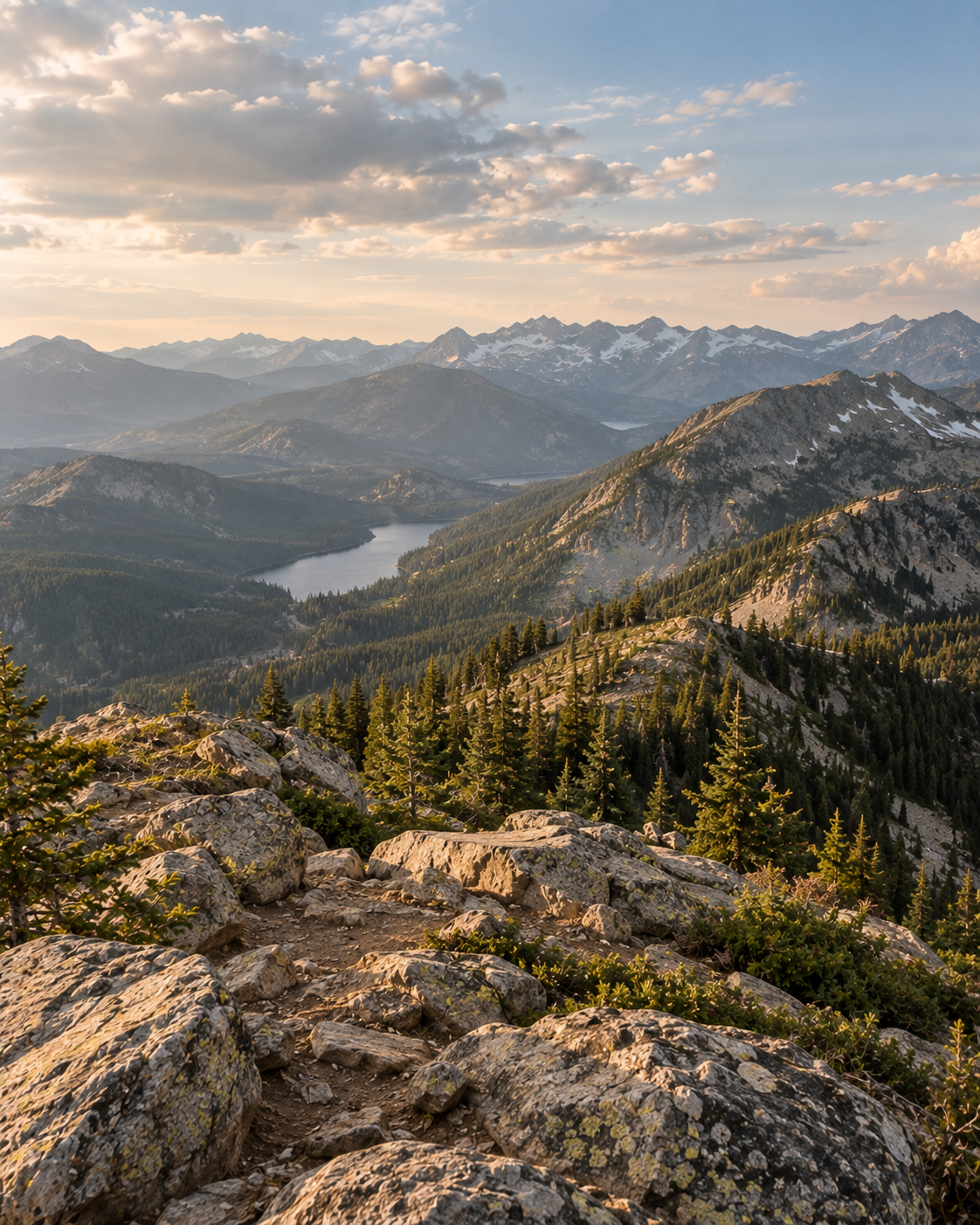 An expansive view from a rocky mountain summit overlooking evergreen forests, a winding lake, and layers of distant mountain peaks.