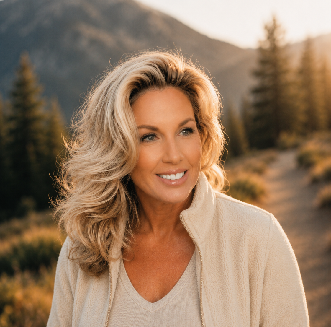 Michelle Farkas outdoors in the mountains at golden hour, reflecting on personal growth and wellness transformation.