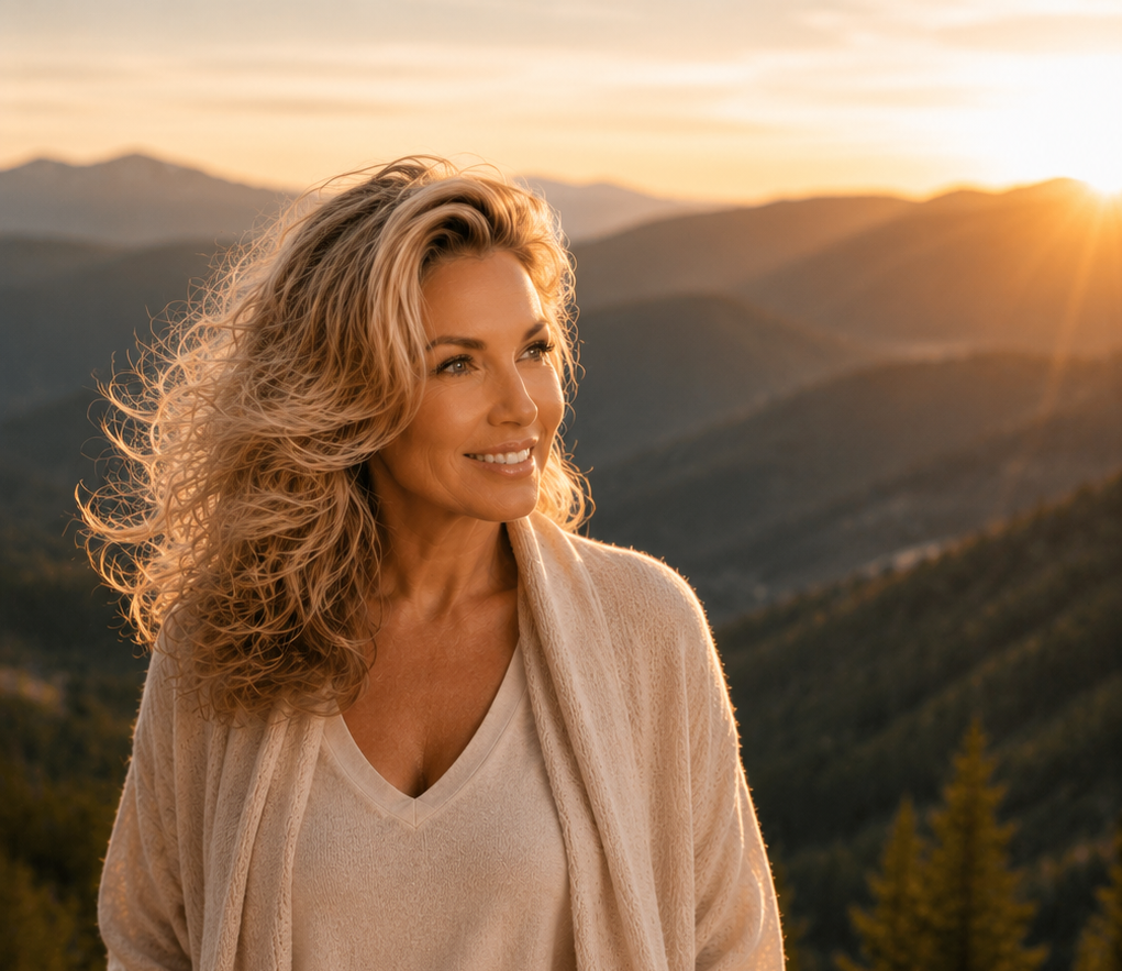 Michelle Farkas standing outdoors with mountains in the background.