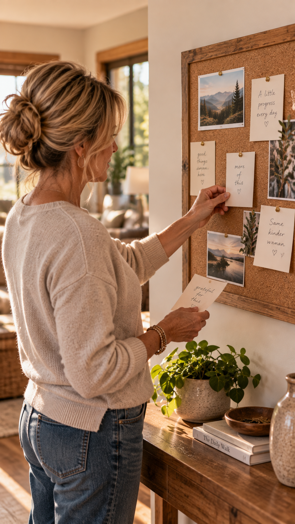 Woman placing a handwritten note on a board in a warm home setting.