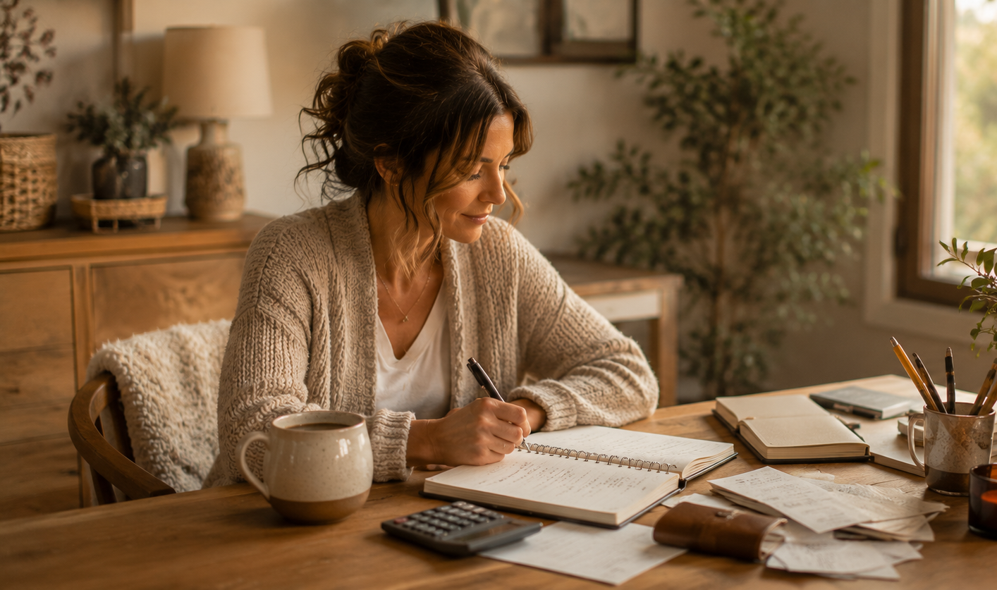 Woman writing in a notebook at a table during a quiet moment of reflection.