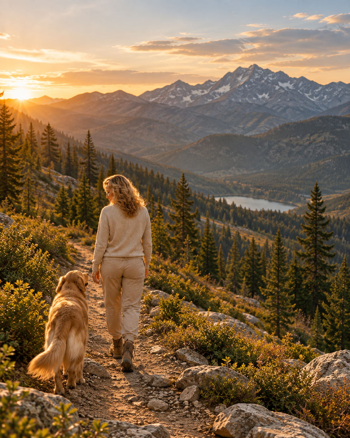 Midlife woman carefully navigating a rocky mountain trail as low clouds move through the surrounding evergreen mountains.