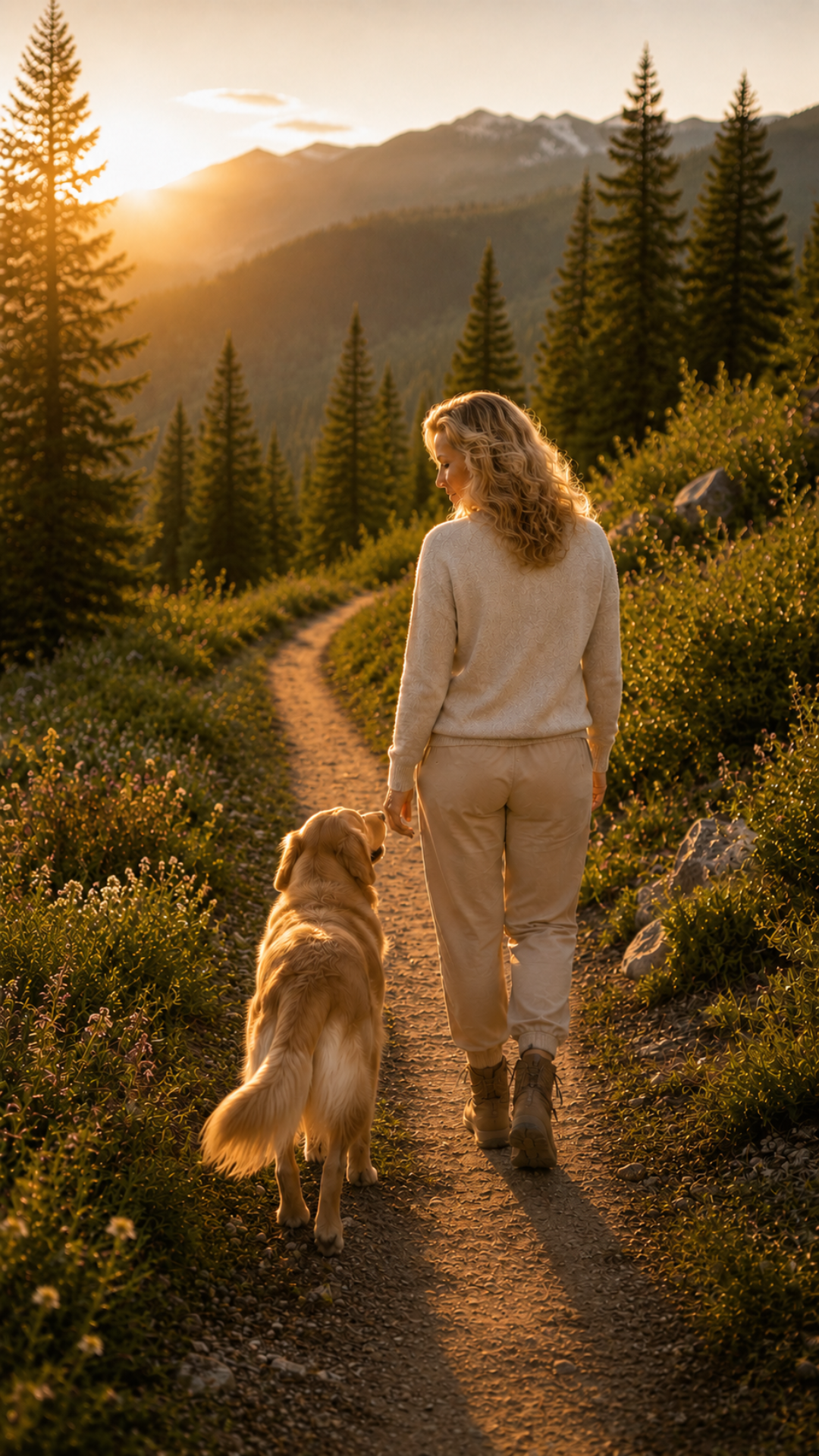 Woman walking with her dog on a mountain trail at sunset.