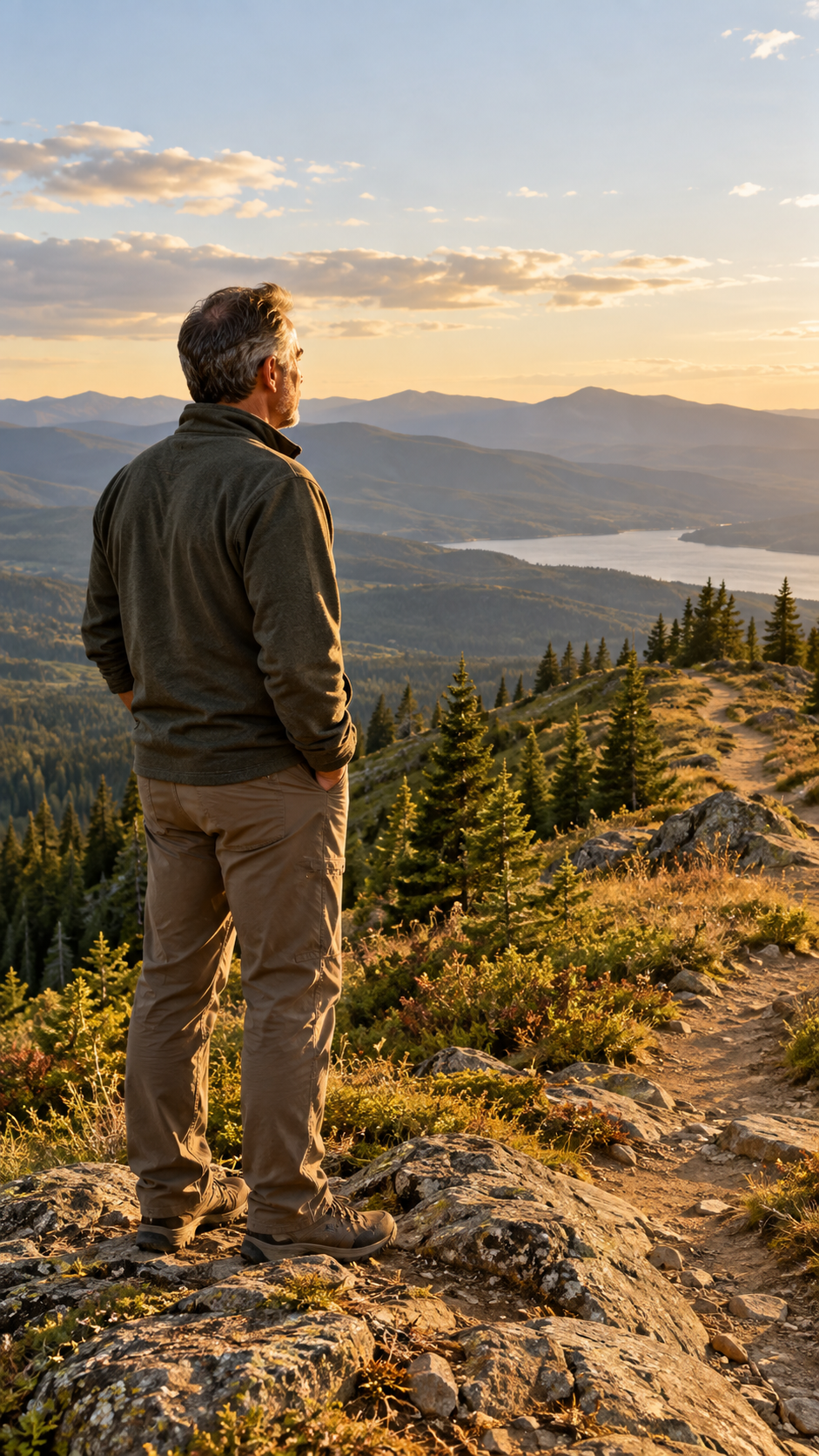 Man standing on a mountain ridgeline looking across distant peaks.