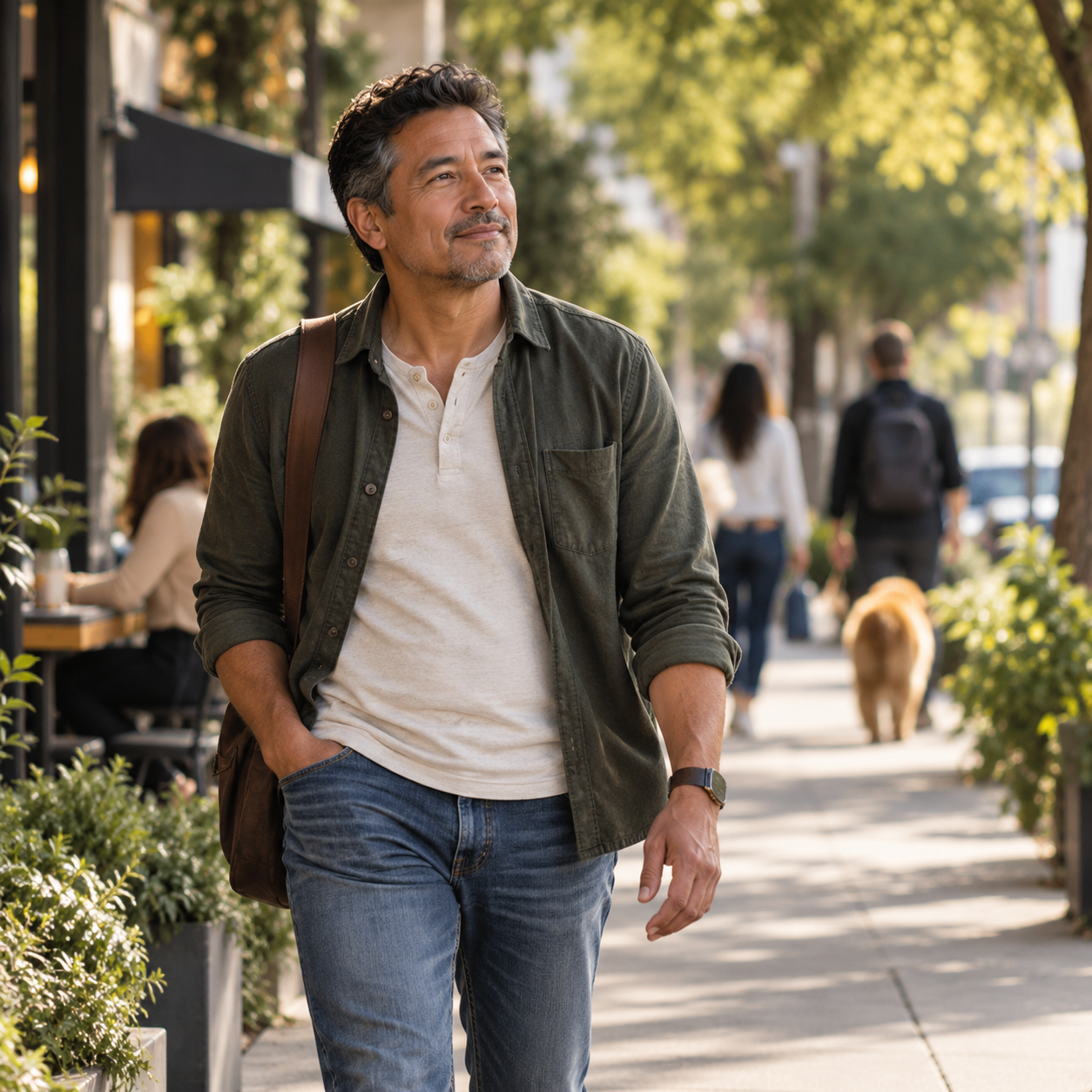 Man walking outdoors along a tree-lined sidewalk.