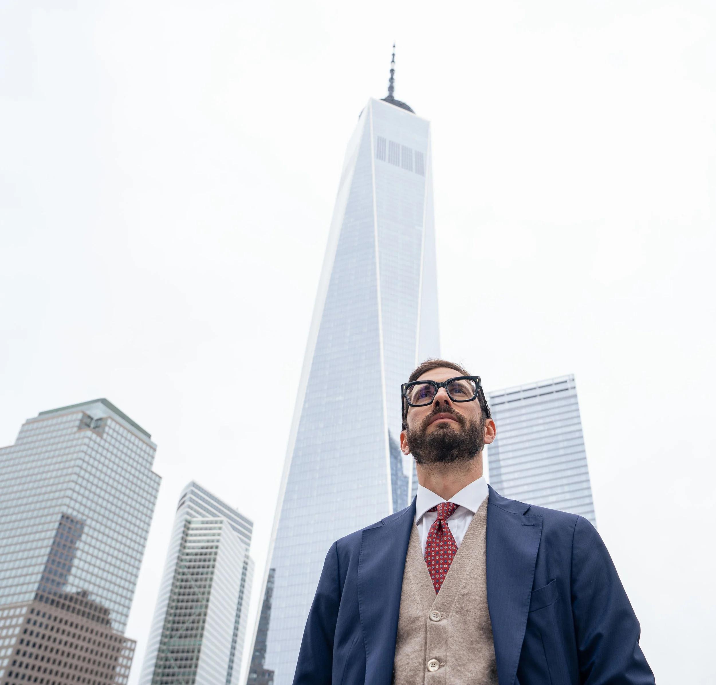 Enzo Mattioli Ferrari standing in front of One World Trade Center in New York City, 2025.