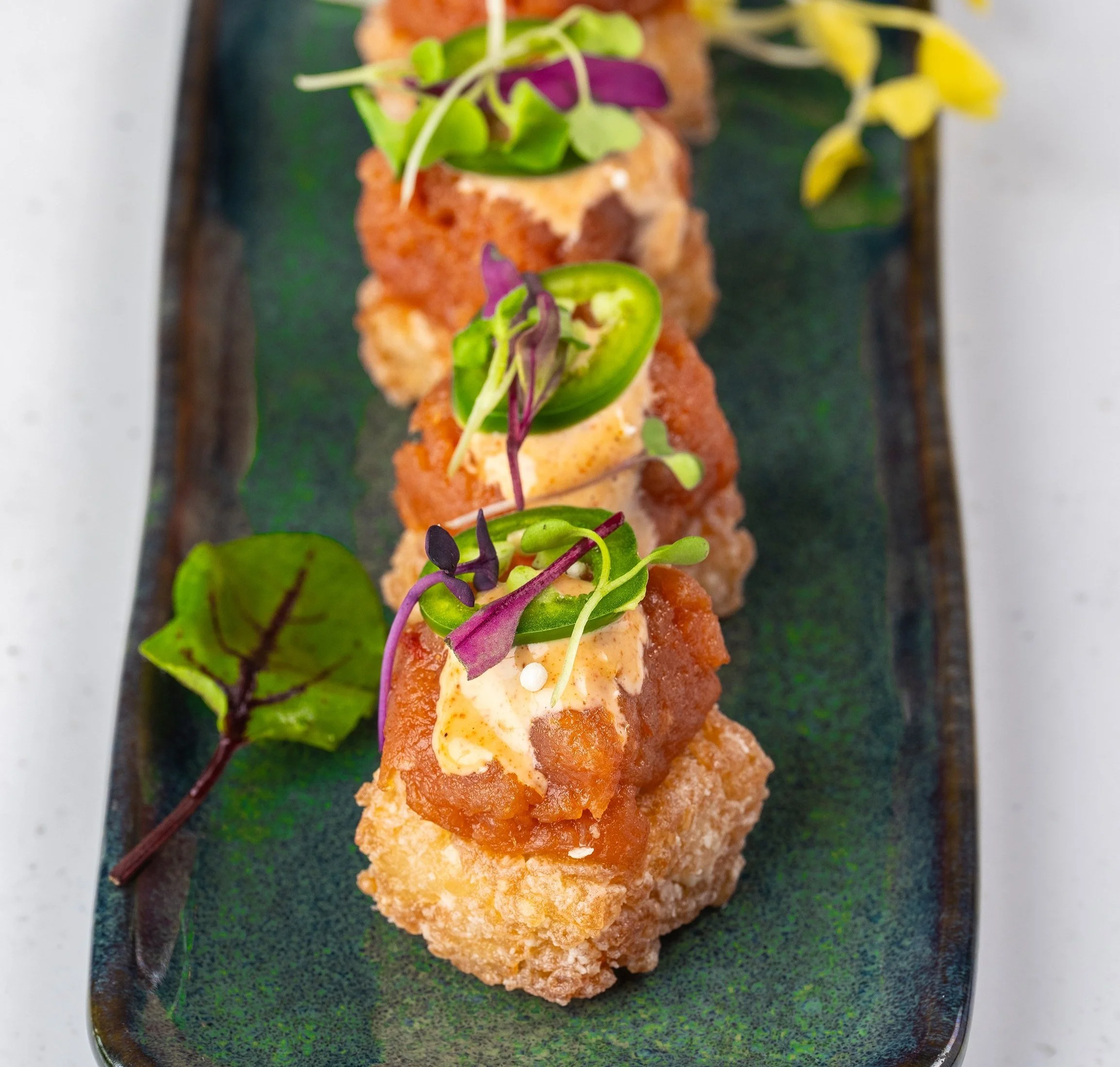 Image shows our Spicy Tuna Crispy Rice. Spicy Tuna, Pearl Arare & Crispy Fried Sushi Rice