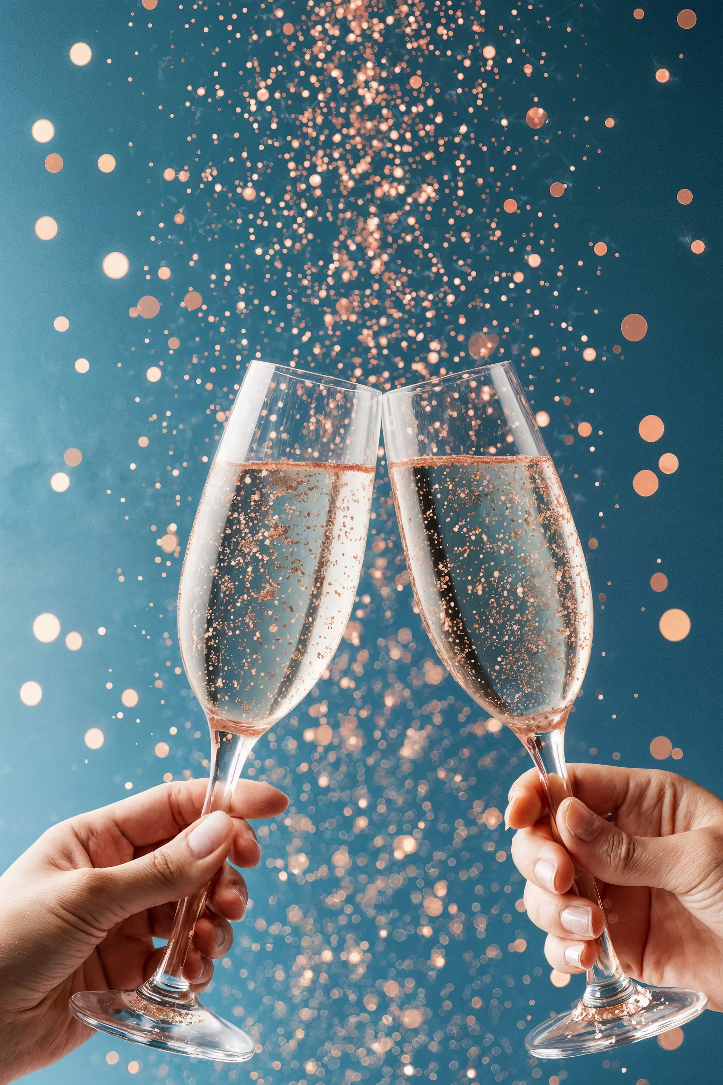 Two hands clink champagne flutes filled with rosé sparkling wine as golden bubbles and glitter-like confetti sparkle against a blue background