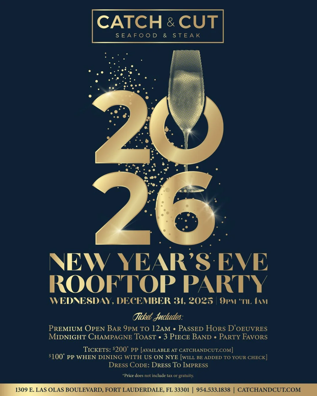Invitation poster for a New Year's Eve rooftop party at Catch & Cut seafood and steak restaurant, on December 31, 2025, from 9 PM to 1 AM, featuring a champagne glass illustration with gold and black colors, event details, ticket prices, and dress code.