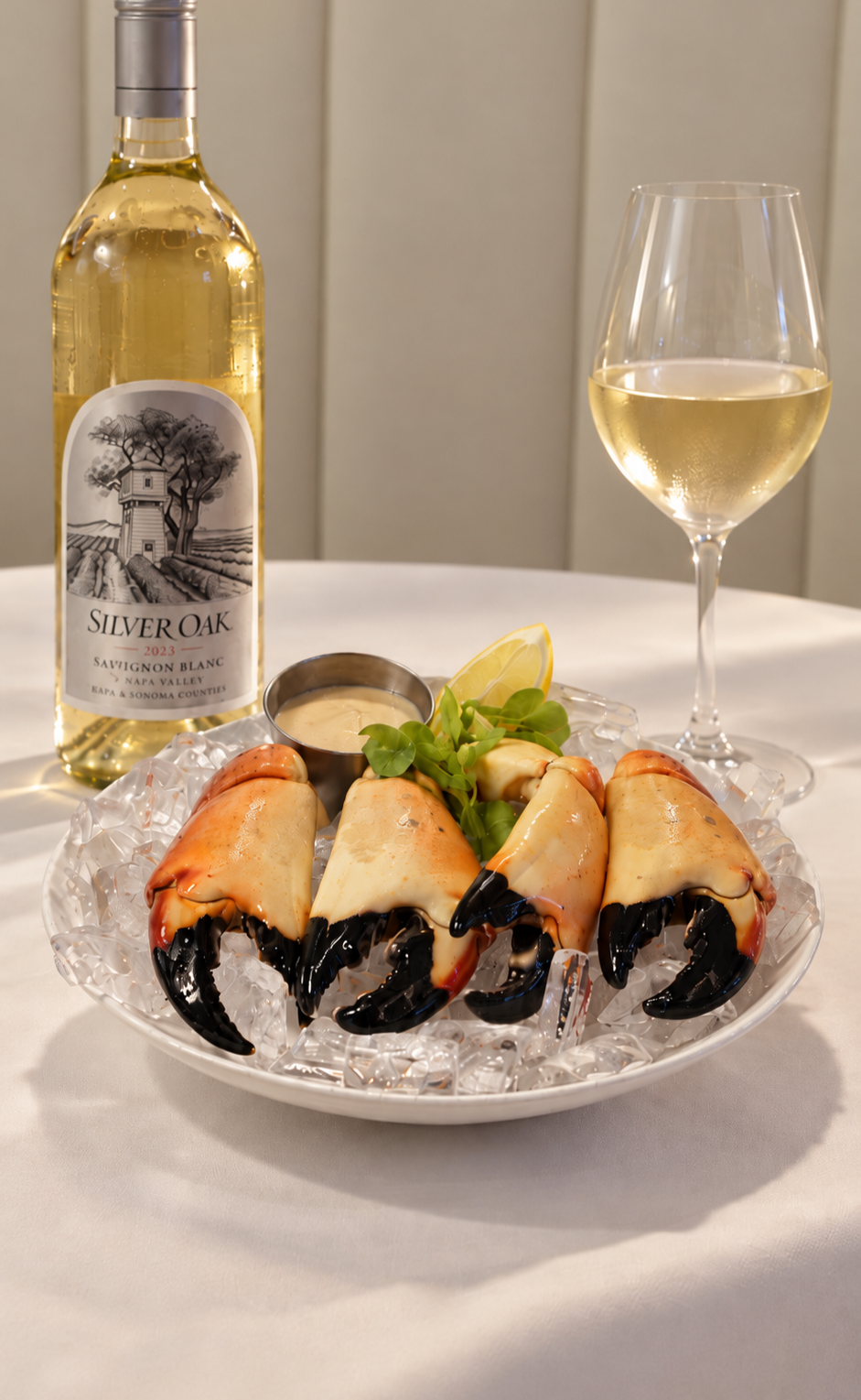 Florida Stone Crabs on a bed of ice with our signature mustard, lemon wedge, and green garnish, accompanied by a glass and bottle of Silver Oak Sauvignon Blanc