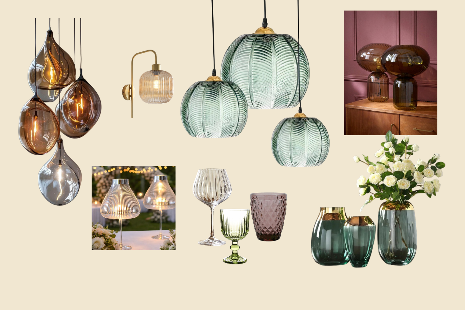 Sélection de luminaires et vaisselle en verre fumé, strié et teinté esprit vintage 70s pour l'automne 2026.