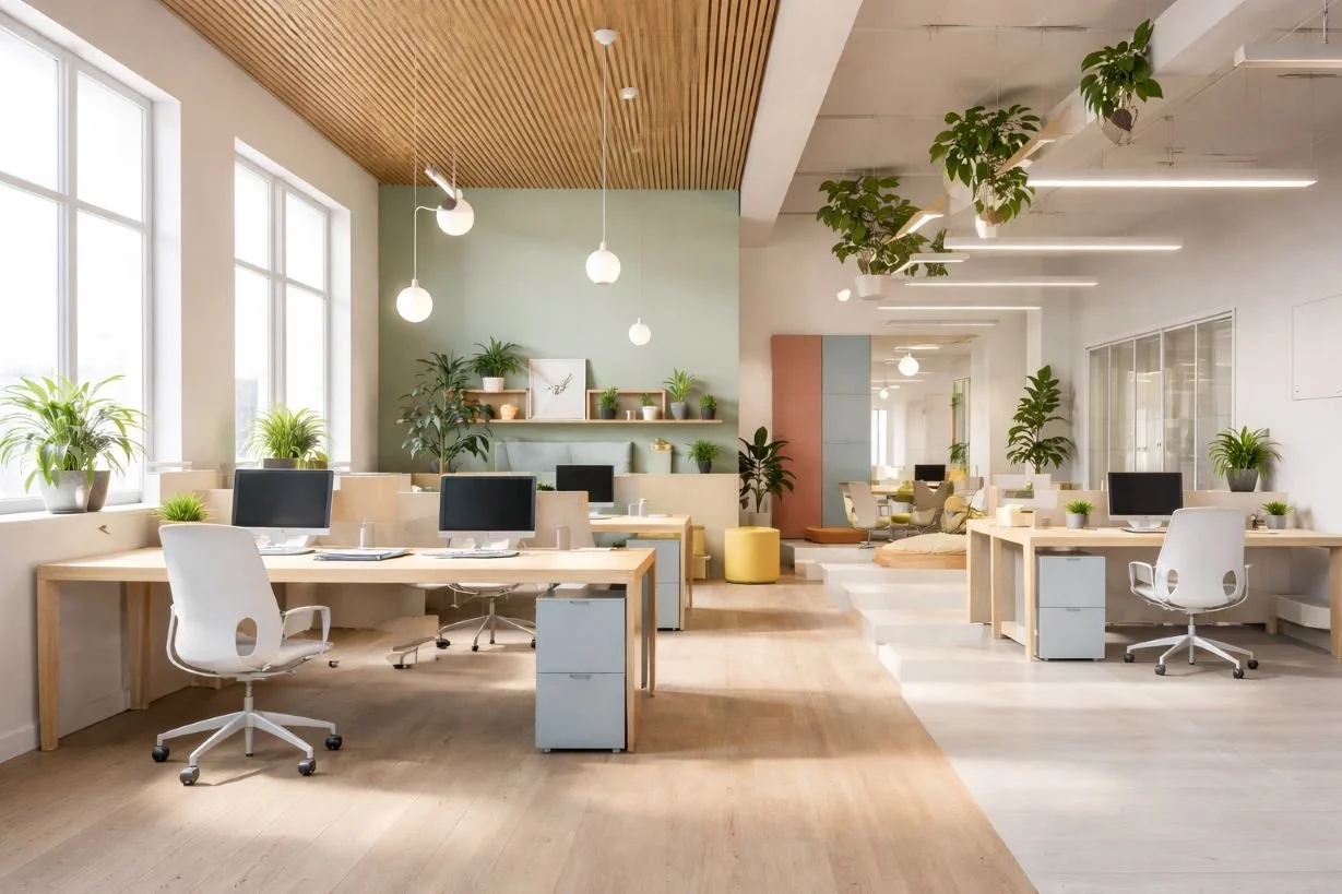 bureau coloré en open space.Des couleurs choisies pour améliorer la performance au travail : concnetration, calme, communication et créativité sont favorisés par le vert, le bleu et des couleurs chaudes  our une  meilleure pen