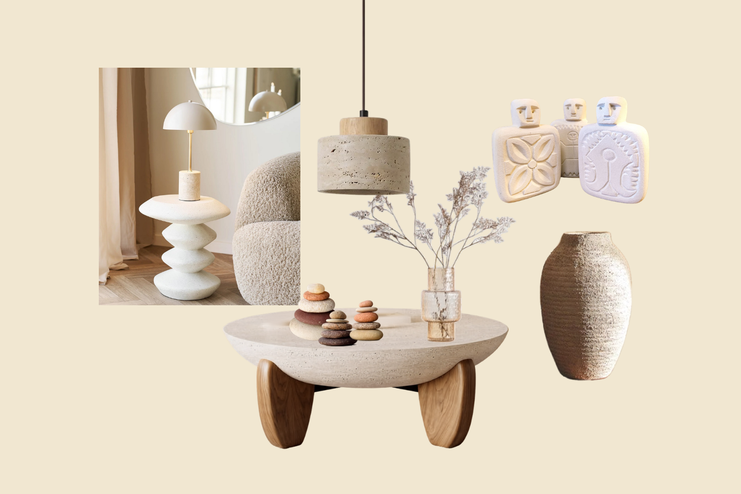 Moodboard tendance déco automne 2026 : table basse et suspension en pierre naturelle, travertin et sculptures minérales.