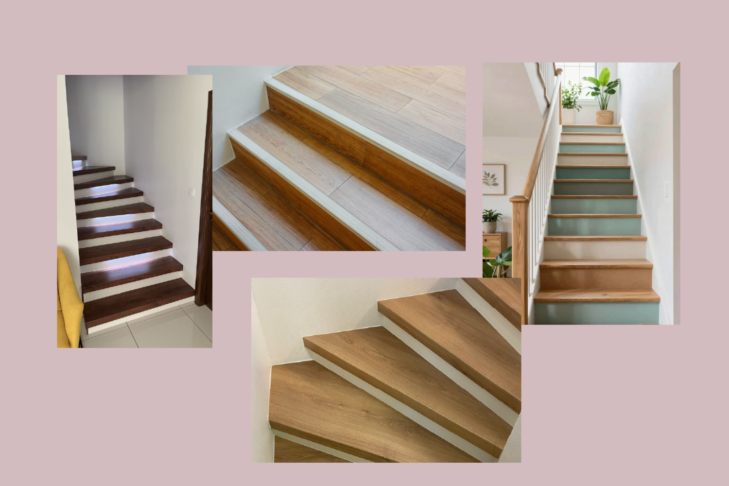 Escaliers en bois avec nez de marche contrastés en blanc et en couleur pour sécuriser la descente.