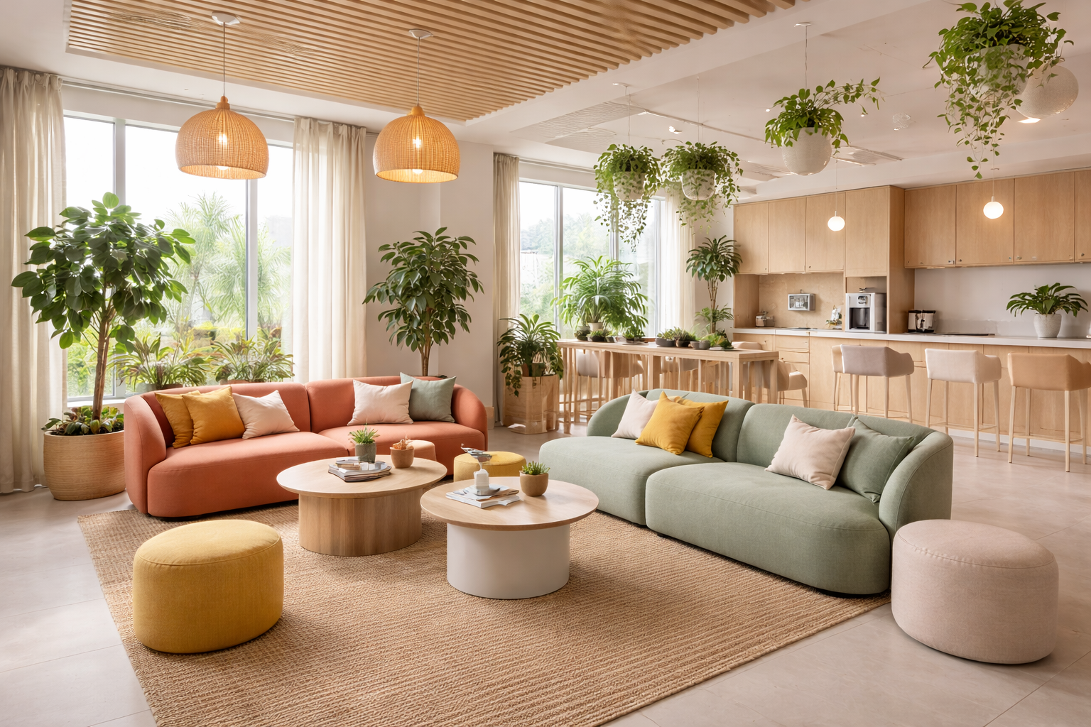 esapce de détente commectif où artager le repas du midi , partager avec des collègues autour d'un café. un lieu à la fois dynamique par les couleurs et reposant