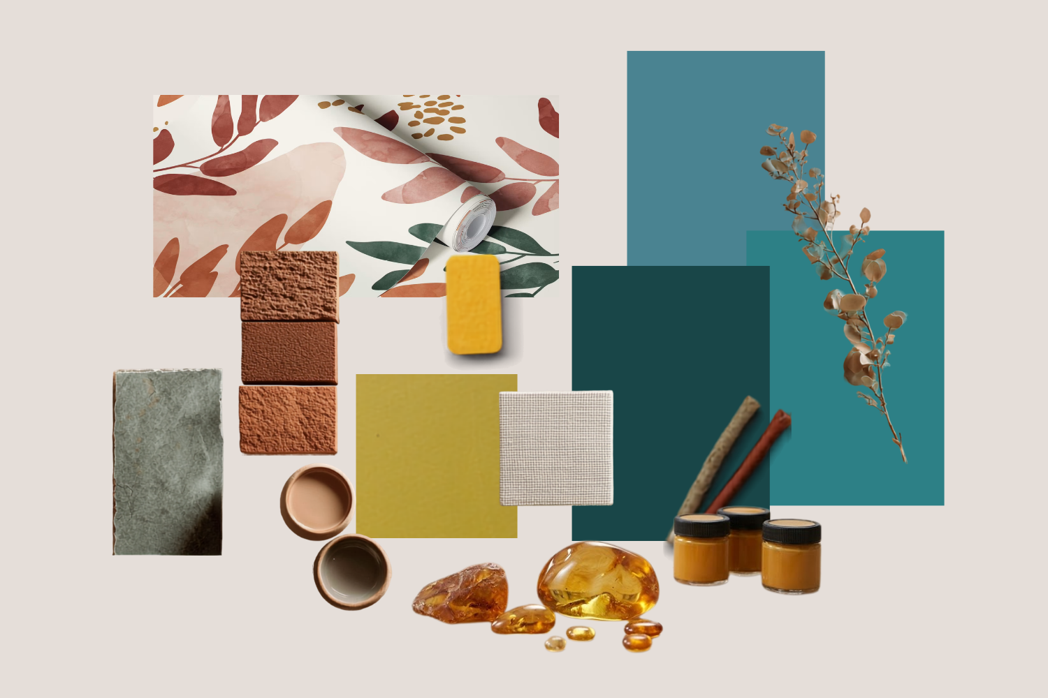 Moodboard décoration automne 2026 associent vert sarcelle, terracotta, ambre et papier peint botanique.