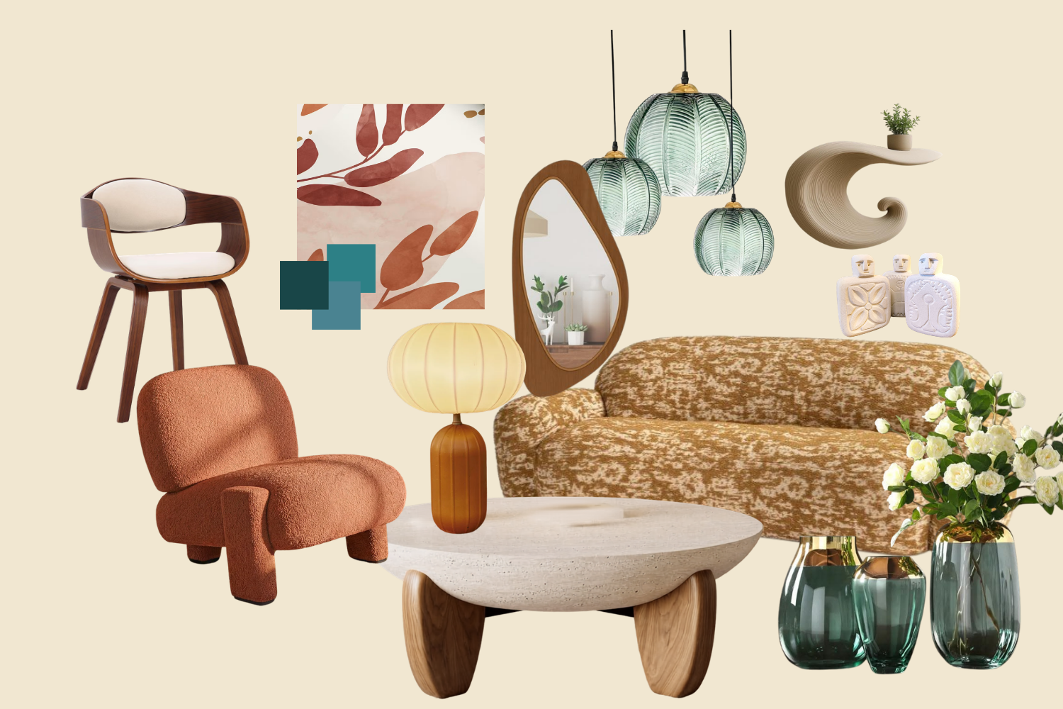 Moodboard de la tendance automne 2026 présentant du mobilie au design biophiliuqe, des éléments en verre et en pierre naturelle.