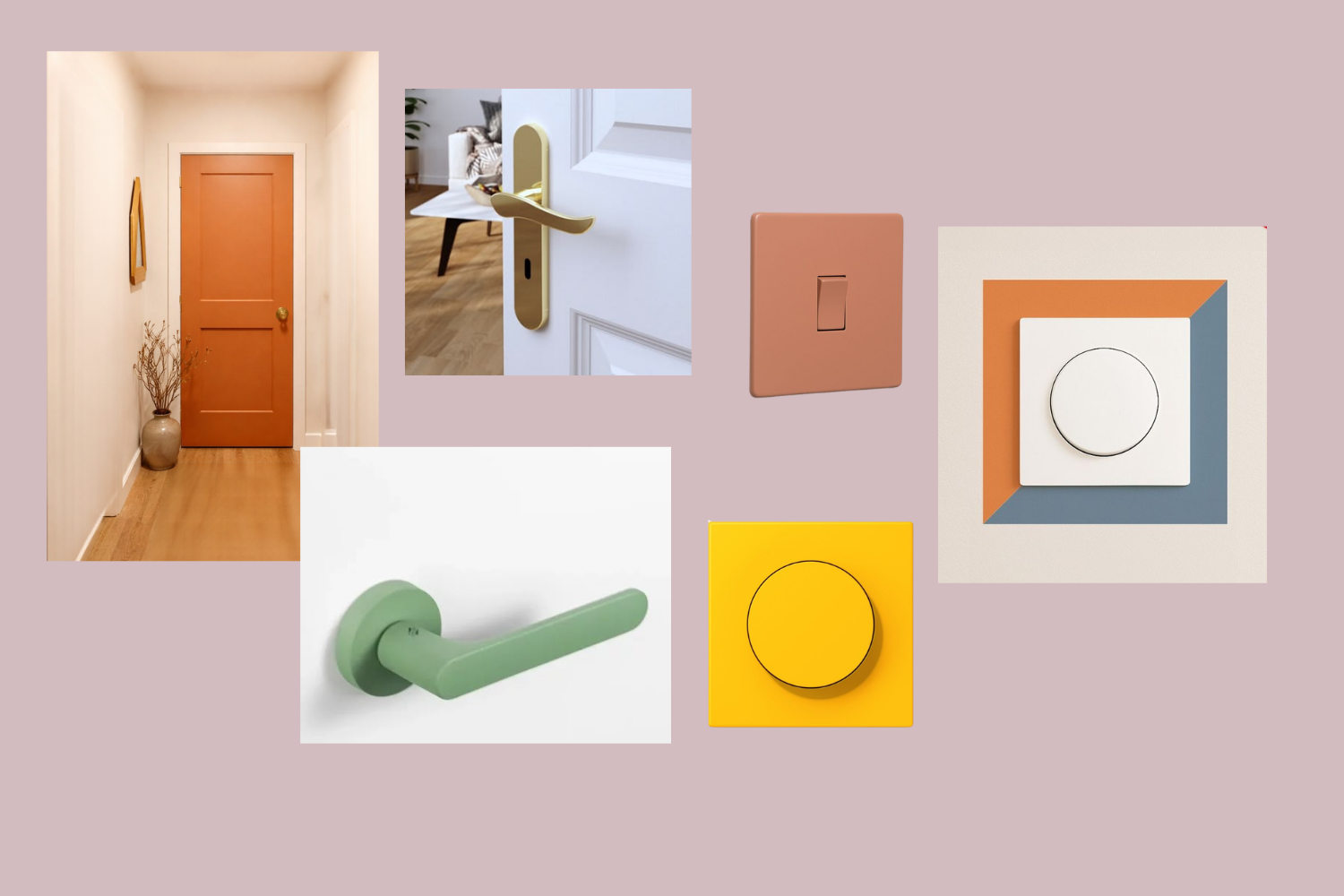 Interrupteurs, poignées, portes colorés (jaune, terracotta, cadre bicolore) contrastant avec le mur pour une meilleure visibilité