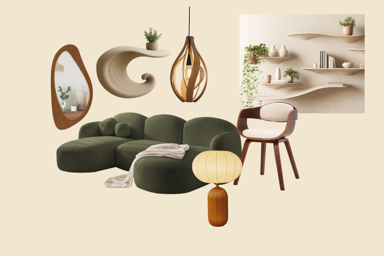 Moodboard illustrant les formes arrondies et biophilique à travers une sélection d'étagères, de miroir et de mobiliersdéco, un canapéle en verre fumé, strié et teinté esprit vintage 70s pour l'automne 2026.