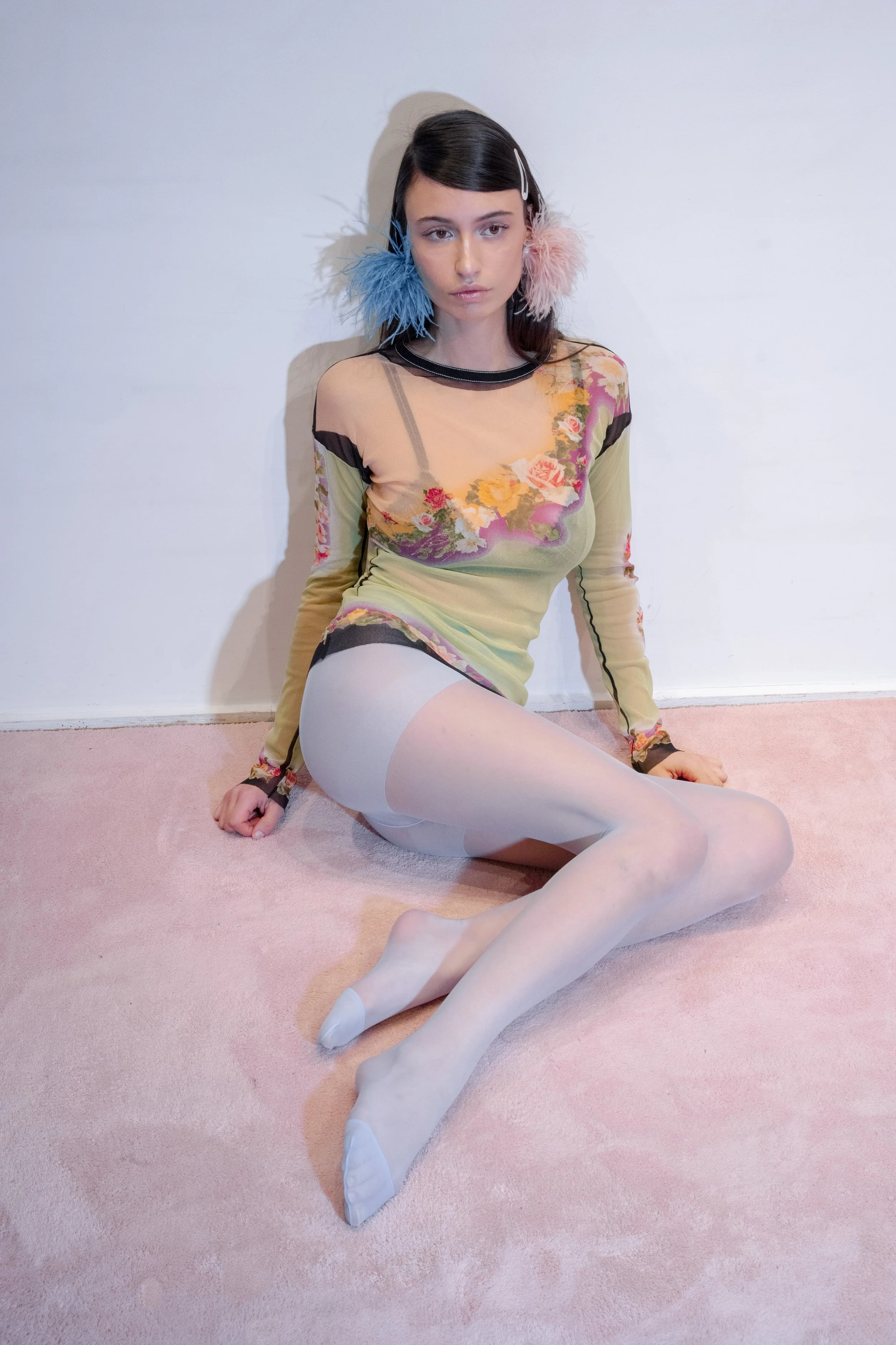 Jean Paul Gaultier pastel flowers mesh top