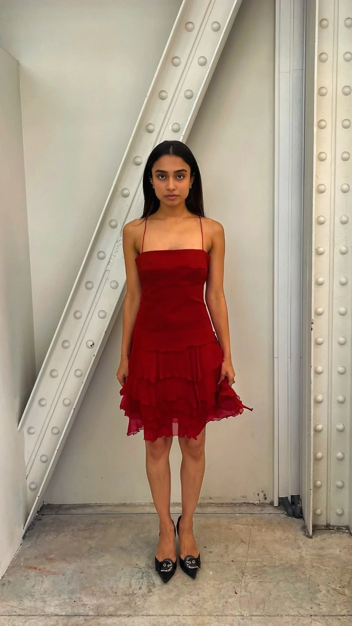 Juan Blanco red silk ruffled dress