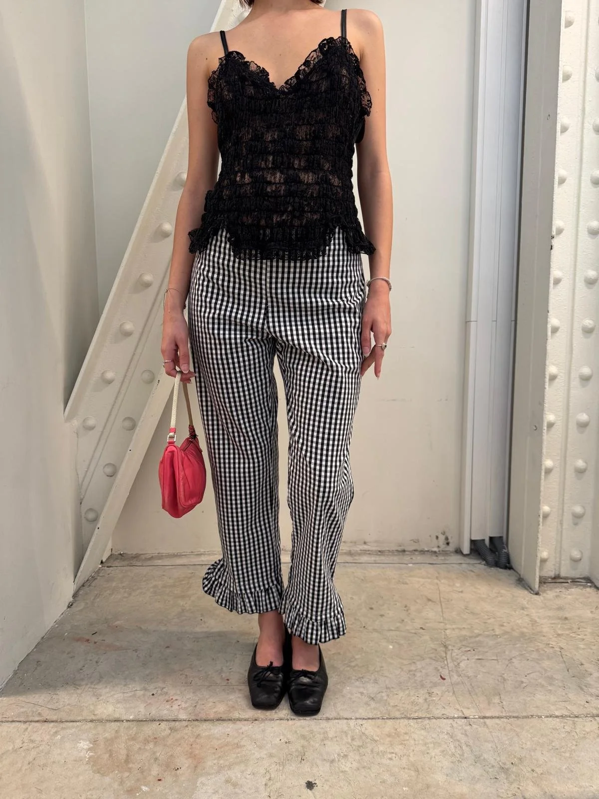 Gingham ruffled capri pant