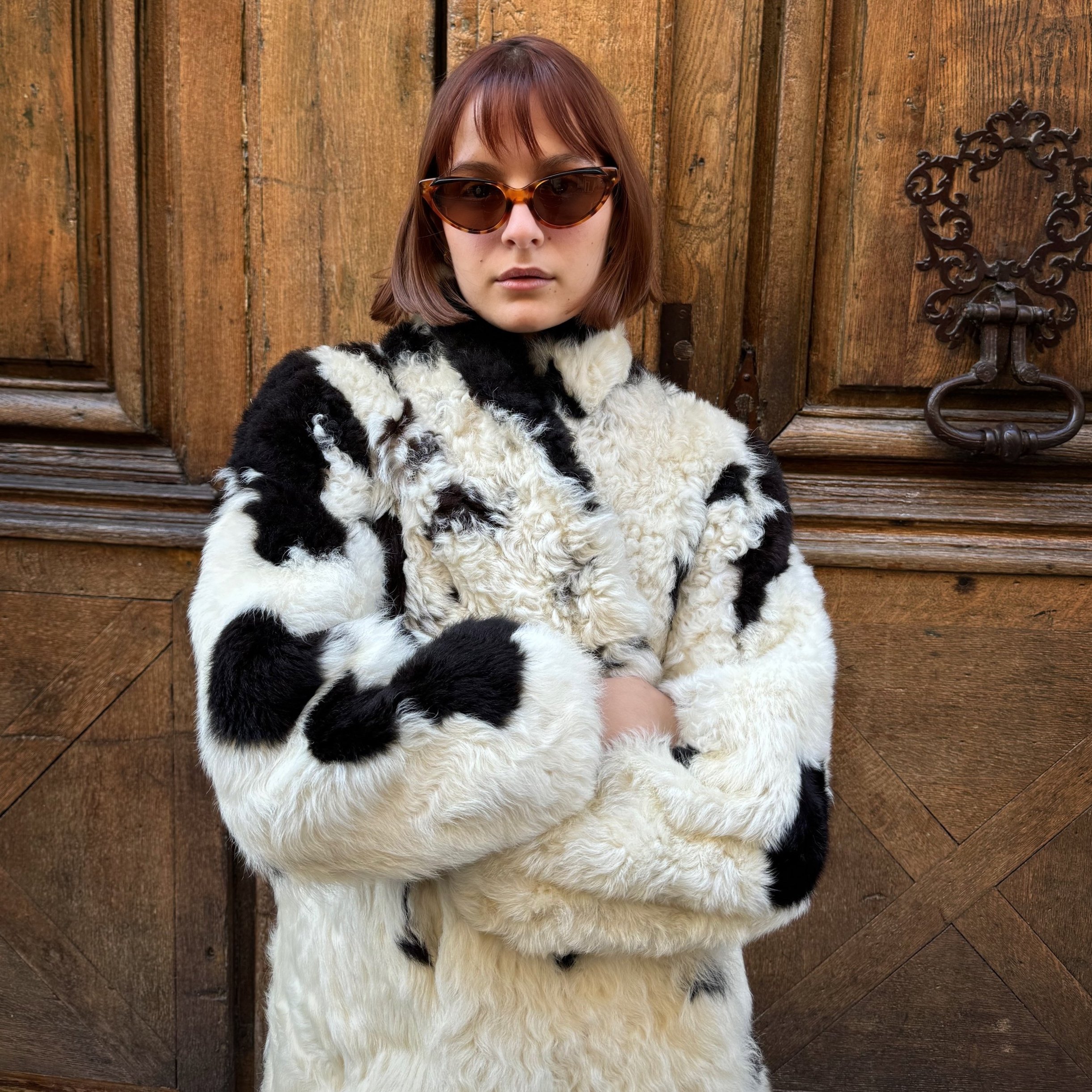 Bicolore sheep fur coat