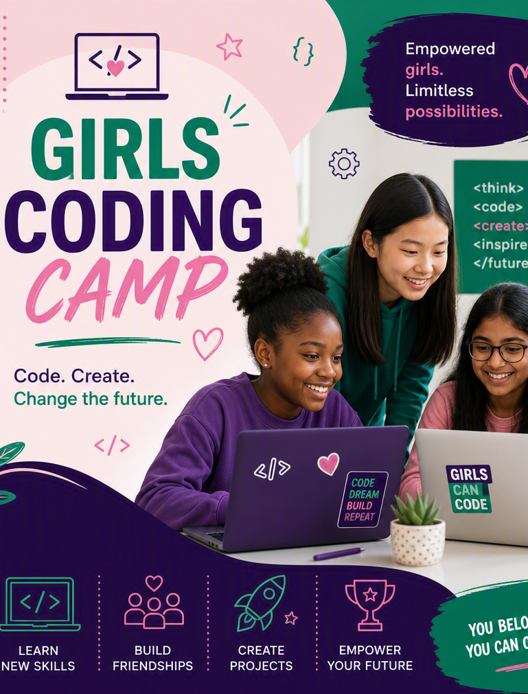 Poster promoting Girls Coding Camp featuring diverse girls working on laptops, with text emphasizing empowerment, coding, and creativity.