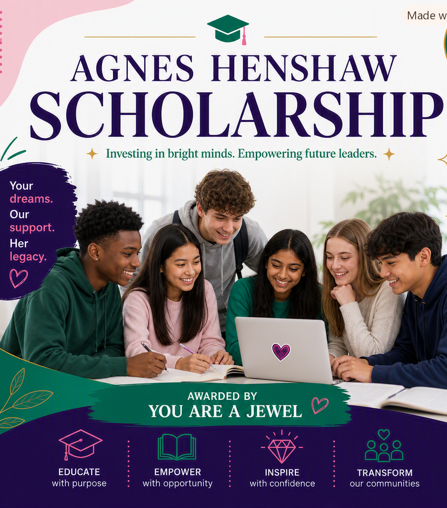 Group of diverse teenagers sitting together at a table, looking at a laptop with a heart sticker, promoting the Agnes Henshaw Scholarship for empowering students, with text about supporting bright minds and inspiring future leaders.