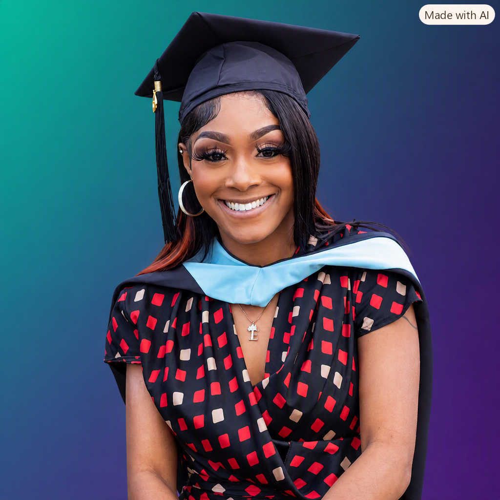 A young woman in graduation cap and gown, smiling, with a colorful gradient background.