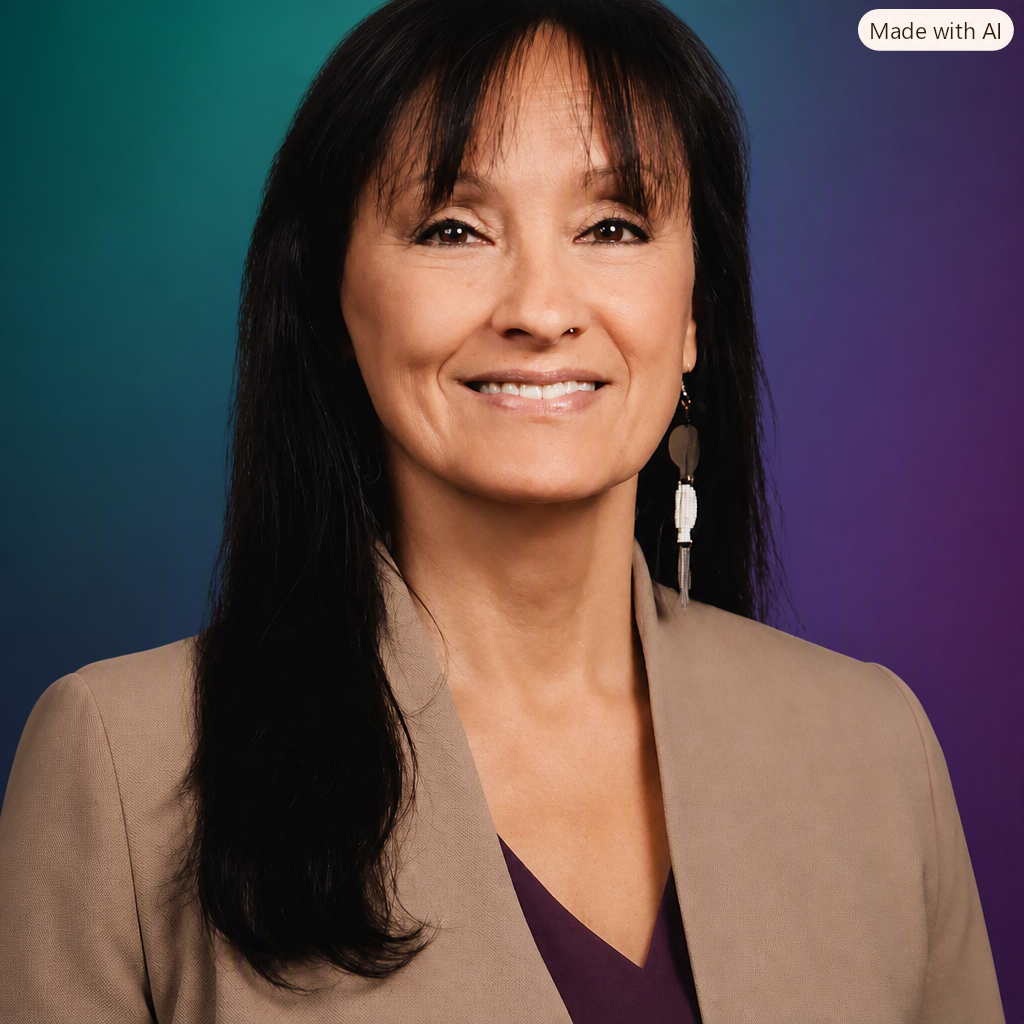 A woman with long dark hair smiling, wearing a beige blazer and a purple top, with large dangling earrings, standing against a multi-colored background.
