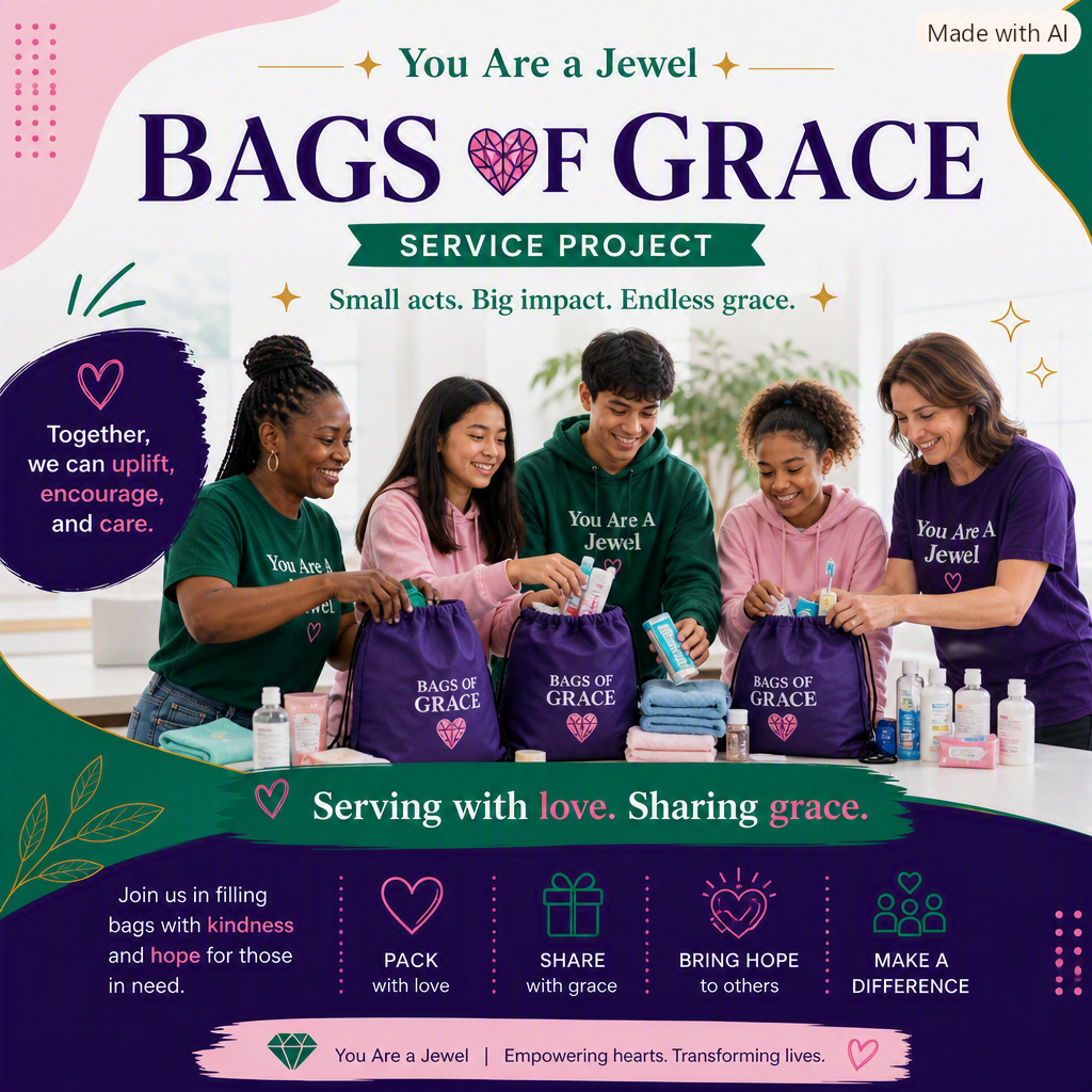 Five women packing bags for a service project called Bags of Grace. They are smiling and wearing colored shirts with messages like "You Are a Jewel." The scene is set in a bright, clean indoor space.