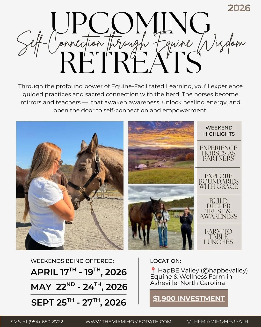 ✨ Self-Connection Through Equine Wisdom ✨

Our April 17&ndash;19 retreat at HapBE Valley (@hapbevalley) in Asheville, NC is a three-day immersive experience designed by myself (@themiamihomeopath) &amp; Katherine Finley (@sovereignheartcoaching) to h